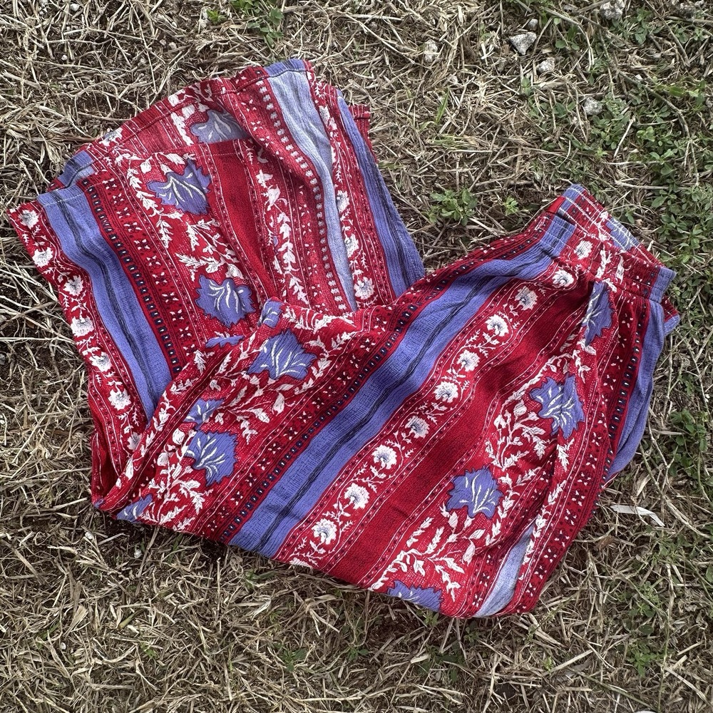 Hippie Beach Pants Size 8 Red Blue White Flowy High Slit Flare Leg Pool Vacation